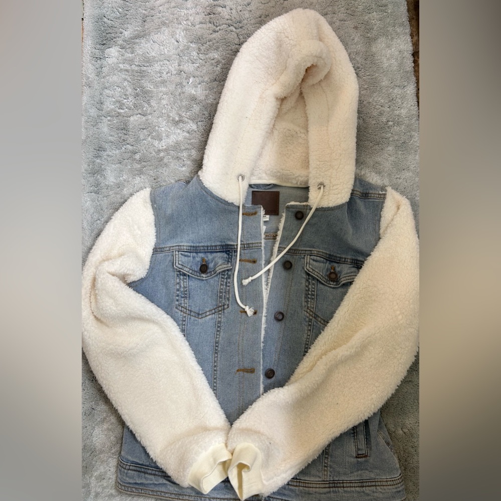 Denim fake fur slightly cropped jacket